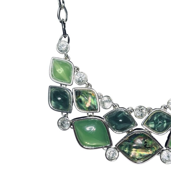 Dana Buchman Silver Tone Bib Necklace With Green Cabochons (6126) - Picture 2 of 8